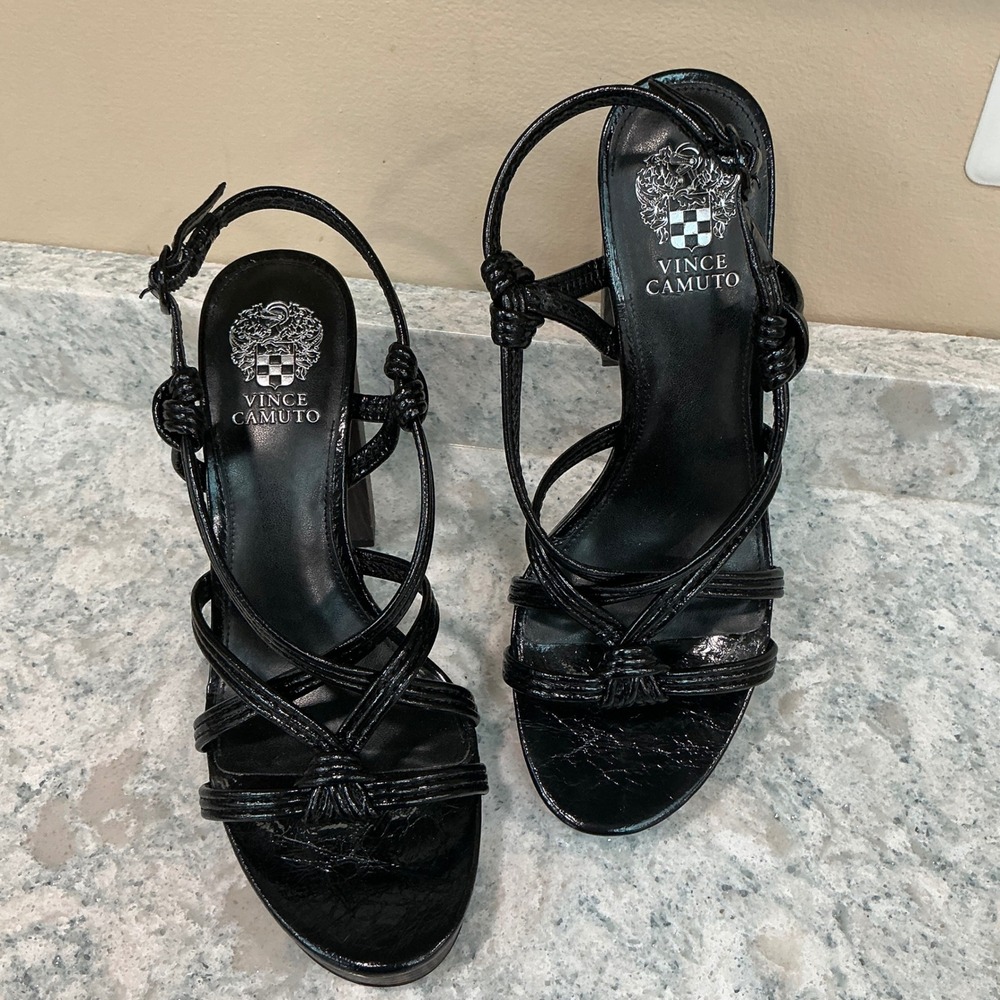 Vince Camuto Sandals Fabie 8.5 Black Leather Strappy Wood Block Heel Platform